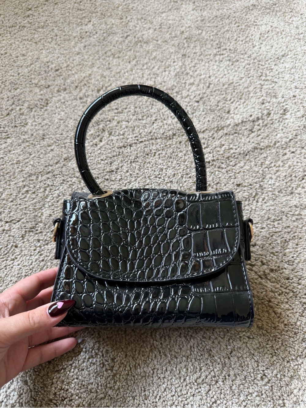 Black Croc-Embossed Top-Handle Women's Bag